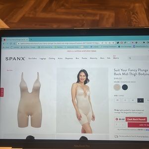 Spanx Your Fancy Plunge Low-Back Mid-Thigh Bodysuit Champagne Beige Size Small